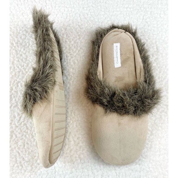 CHARTER CLUB • Cream/Brown Faux Fur Trimmed House Slippers - Picture 5 of 16